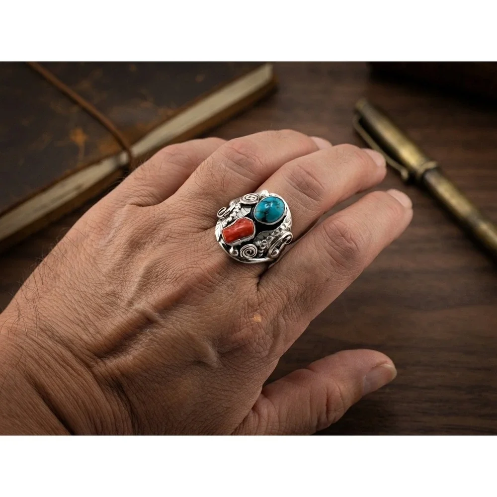 Heavy Sterling Silver Turquoise Coral Signet Ring Size 11 US**